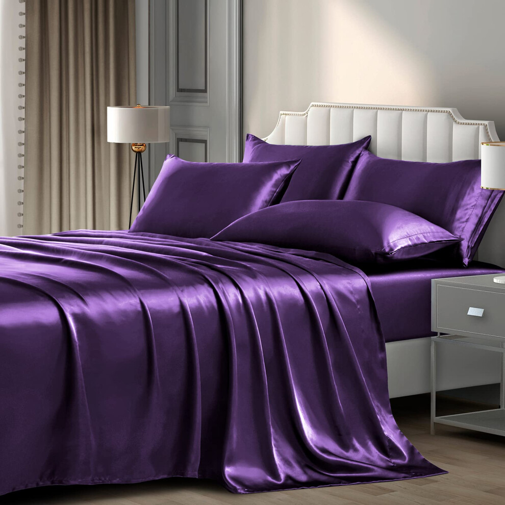 Parure de lit P Pothuiny 6 pi   ces en satin pour lit king size, luxueuse et soyeuse, en satin violet. 1 drap-housse     poche profonde, 1 drap plat