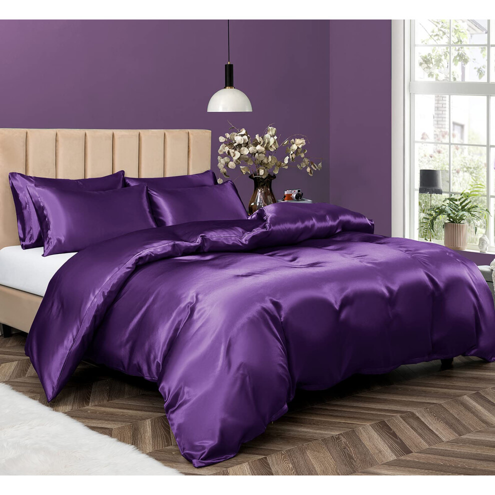 P Pothuiny Parure de lit 5 pi   ces en satin pour lit king size, luxueuse et soyeuse, avec housse de couette violette et fermeture    clair. 1 housse