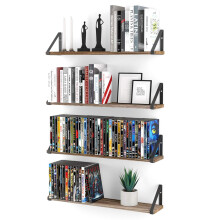 Wallniture Ponza Wood Floating Shelves for Wall  Rustic Wall Shelves for Living Room  24"""" Bookshelf and DVD Storage Shelf Set of 4  Natural Burned