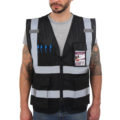 Dib Safety Ανακλαστικό Γιλέκο Υψηλής Ορατότητας με Τσέπες και Φερμουάρ, Μαύρο Γιλέκο XL