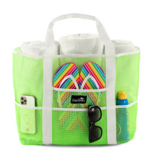 Dejaroo Mesh Sand Free Bag - Stark lttviktsvska fr strand & semester. Massor av frvaring med 8 fickor Vikbara 17x9x15 tum Neongrn med vita r