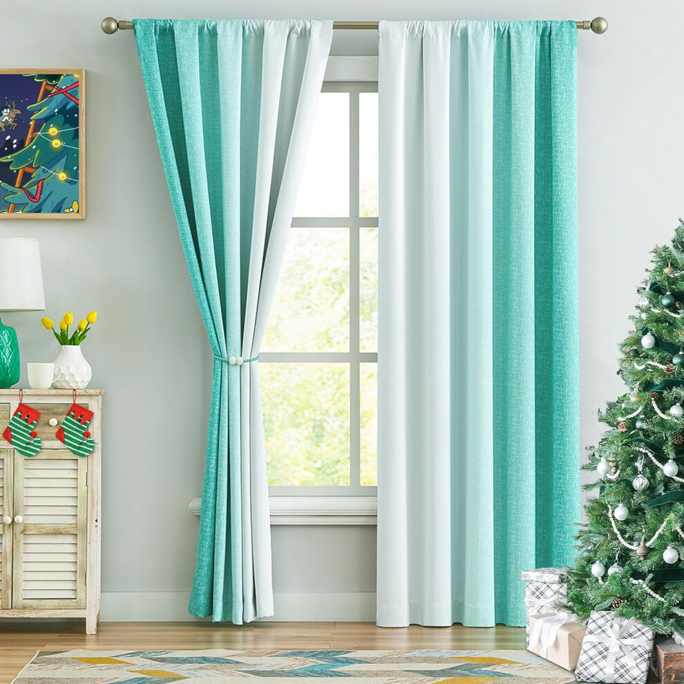 Geomoroccan Ombre Full Blackout Curtains 63 Inches Length  Teal and White Christmas Window Treatments for Bedroom Living Room  Linen Gradient Print Ro-image-OPC-PFM77CC-NEW