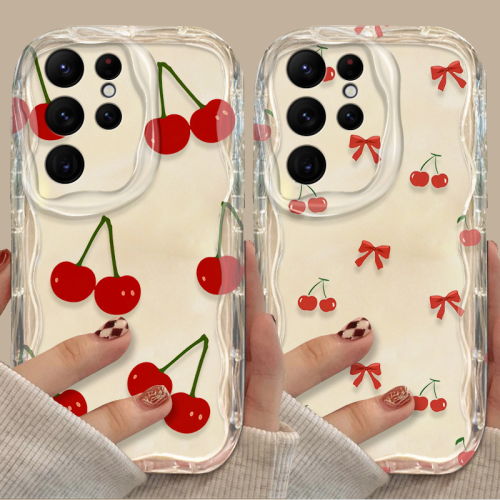 (White, S21 Plus) Cartoon Red Cherry Graphic Clear Case For Samsung 1