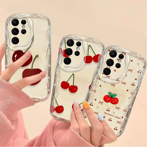 (White, S21 Plus) Cartoon Red Cherry Graphic Clear Case For Samsung 2