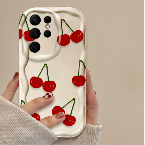 (White, S21 Plus) Cartoon Red Cherry Graphic Clear Case For Samsung