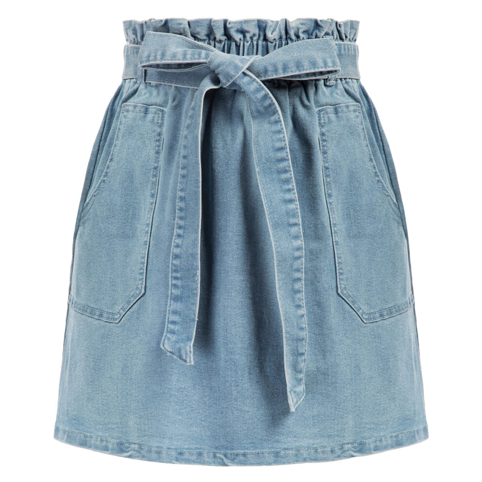 KANCY KOLE Mini jupe en jean pliss?e pour femme, jolie jupe courte ? volants, style sac en papier, bleu clair, taille L
