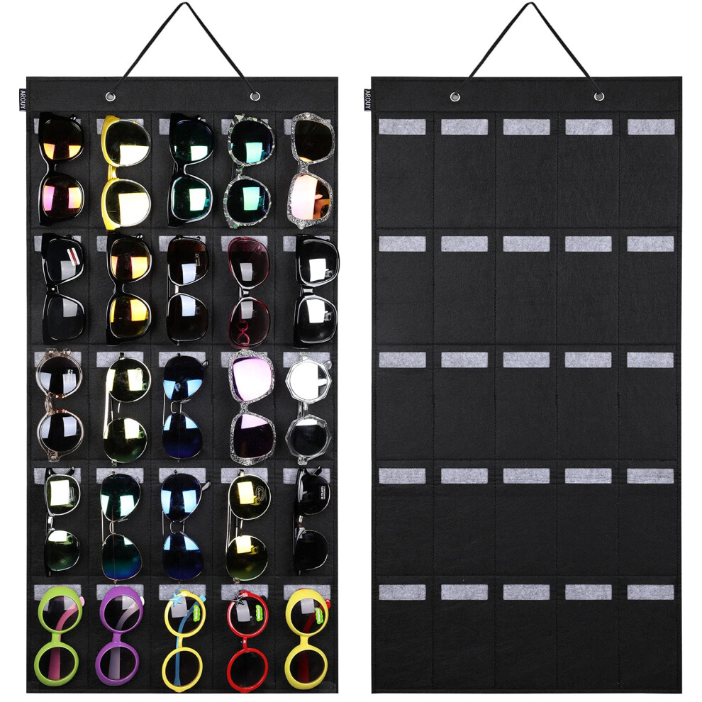 Aroy-D Arouy Sunglasses Organizer Storage Hanging Wall Pocket Glasses Organizer - 25 Felt Slots Sunglass Organizer Holder Eyeglass Display With Sturdy Rope