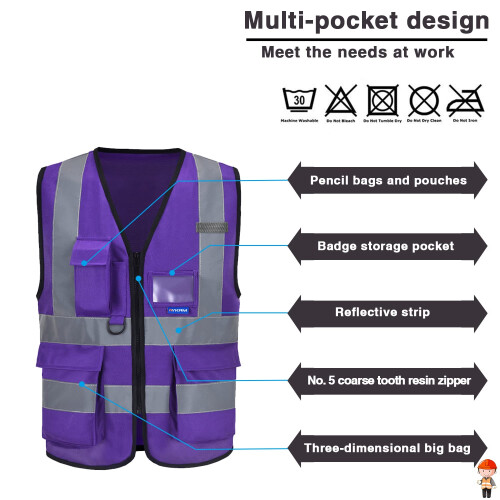 Γιλέκο Ασφαλείας Hi Vis με 4 Ανακλαστικές Ταινίες και 7 Τσέπες (6XL, Μωβ) 2