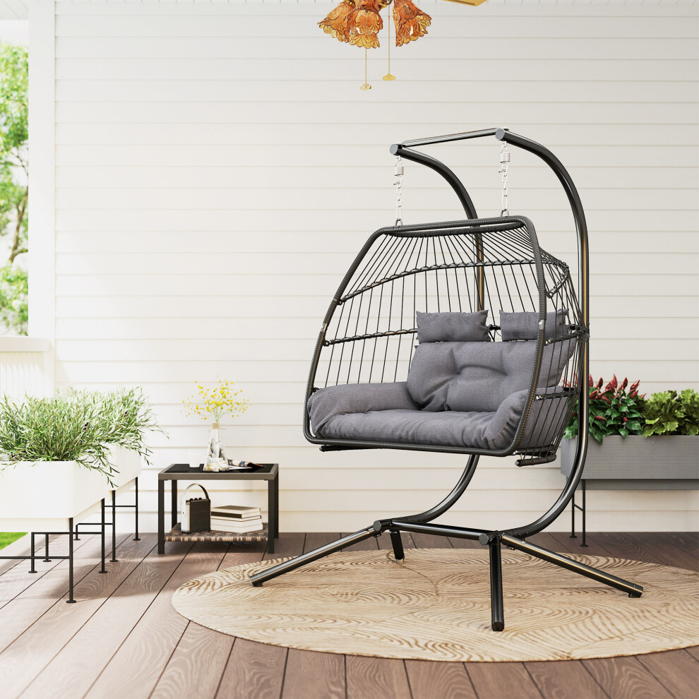Outsunny Rattan Double Hanging Egg Chair with Stand, Cushion, Dark Grey