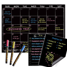 JJPRO Magnetisch krijtbord Maandkalender met neon Heldere vloeibare krijtstiften - Zwarte koelkast Maandelijks planbord wBonus - boodschappenlijst en