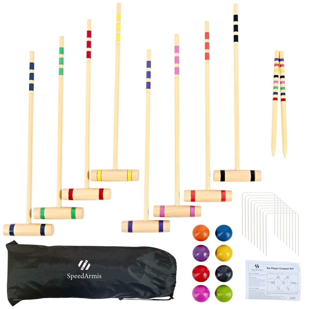 Speedarmis 8 Players Croquet Set - 28In Pine Wooden Mallets Colored Pe Ball Wickets End Stakes Lawn Backyard Outdoor Game Set For Family Portable