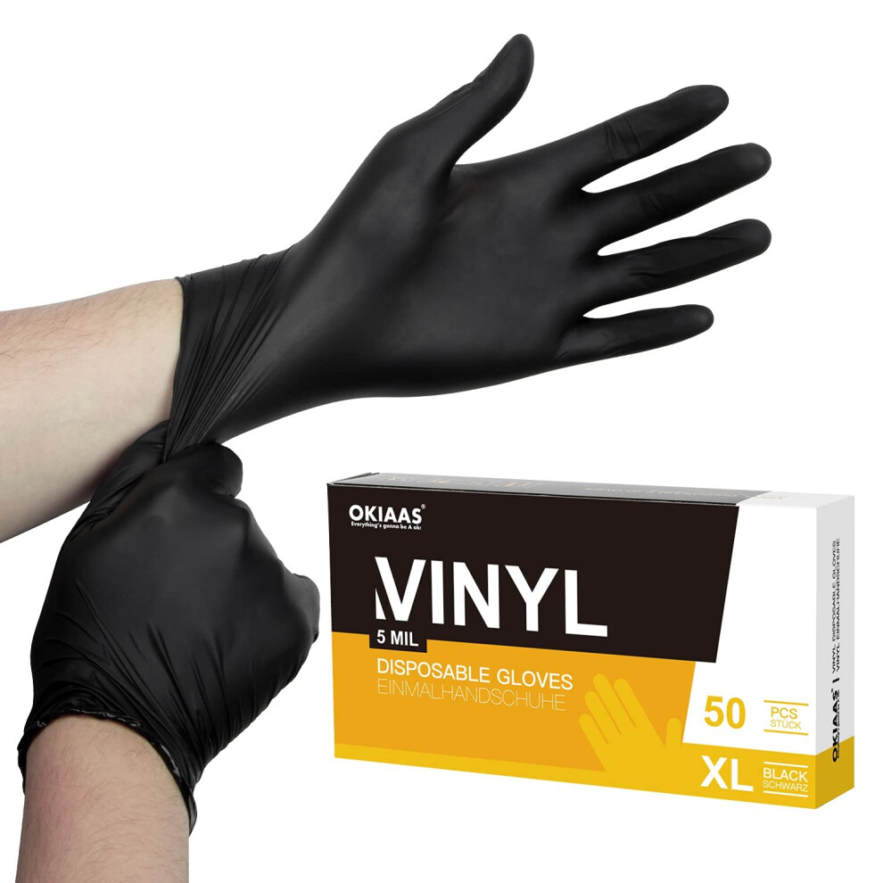 Okiaas Black Disposable Gloves Xl Vinyl Gloves Disposable Latex Free 5 Mil 50 Count For Food Prep Household Cleaning Hair Dye Tattoo 6974157521517