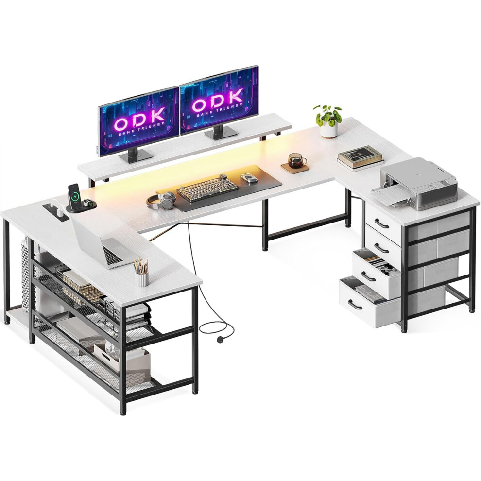 Odk Corner Desk With Drawers, Reversible L Shaped Computer Desk With Led Lights, Gaming Table With Powers Outlets For Home Office 167×102 Cm