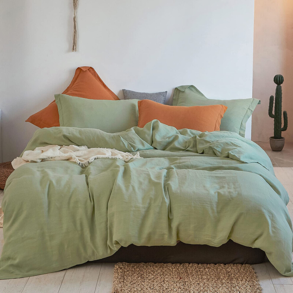 Simple&Opulence 100% Linen Duvet Cover Set 3pcs Basic Style Natural French Washed Flax Solid Color Soft Breathable Farmhouse Bedding with Button Closu