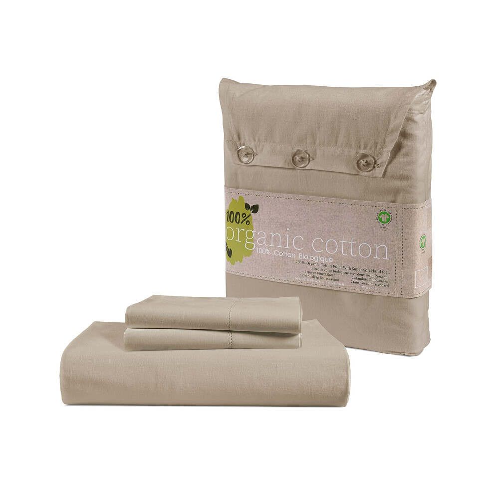 Parure de draps-housses 100 % coton biologique pour lit double (1 drap-housse et 2 taies d'oreiller) - Draps-housses en percale ultra doux et res
