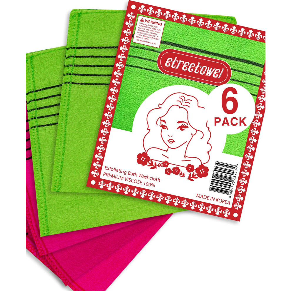 Etreetowel Anti-Shrink Korean Asian Exfoliating Bath Washcloths Mitt Scrub For Body Washcloth Glove Premium Viscose Rayon Towel 6Pack