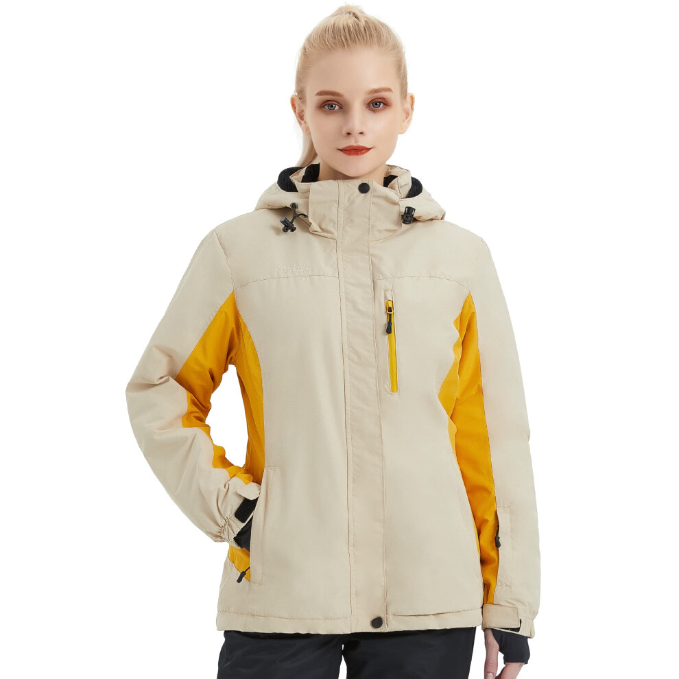 FREE SOLDIER Women's Waterproof Ski Snow Jacket Fleece Lined Warm Winter Rain Jacket with Hood Fully Taped Seams(Light Khaki/Ginger Yellow L)