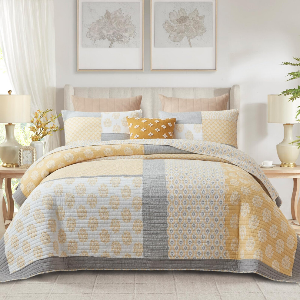 Couette Finlonte King Size 100 % coton, couvre-lit matelass    jaune et gris, style ferme, patchwork, l   ger et r   versible