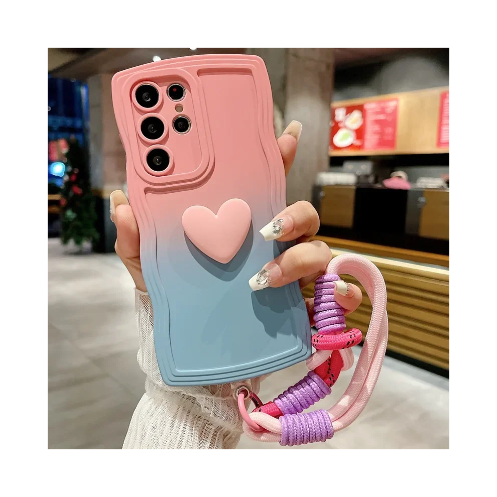 (Pink Blue, Galaxy S21 Ultra) Love Heart Gradient Wrist Strap Case For Samsung G Blue,Pink 967855037677
