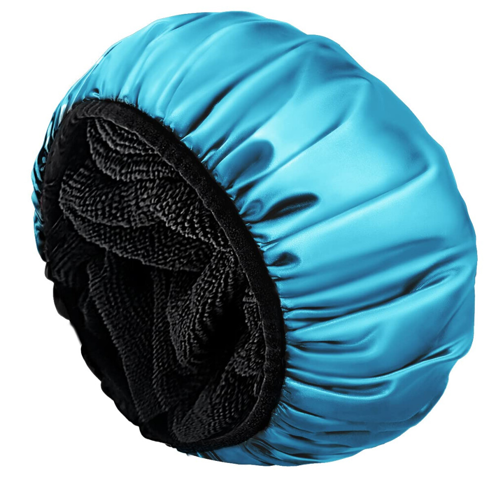 Aquior Shower Cap Extra Large Triple Layer Bathing Cap With Dry Hair Function For Women Microfiber Terry Cloth Silky Satin 100% Waterproof Reusable Lo