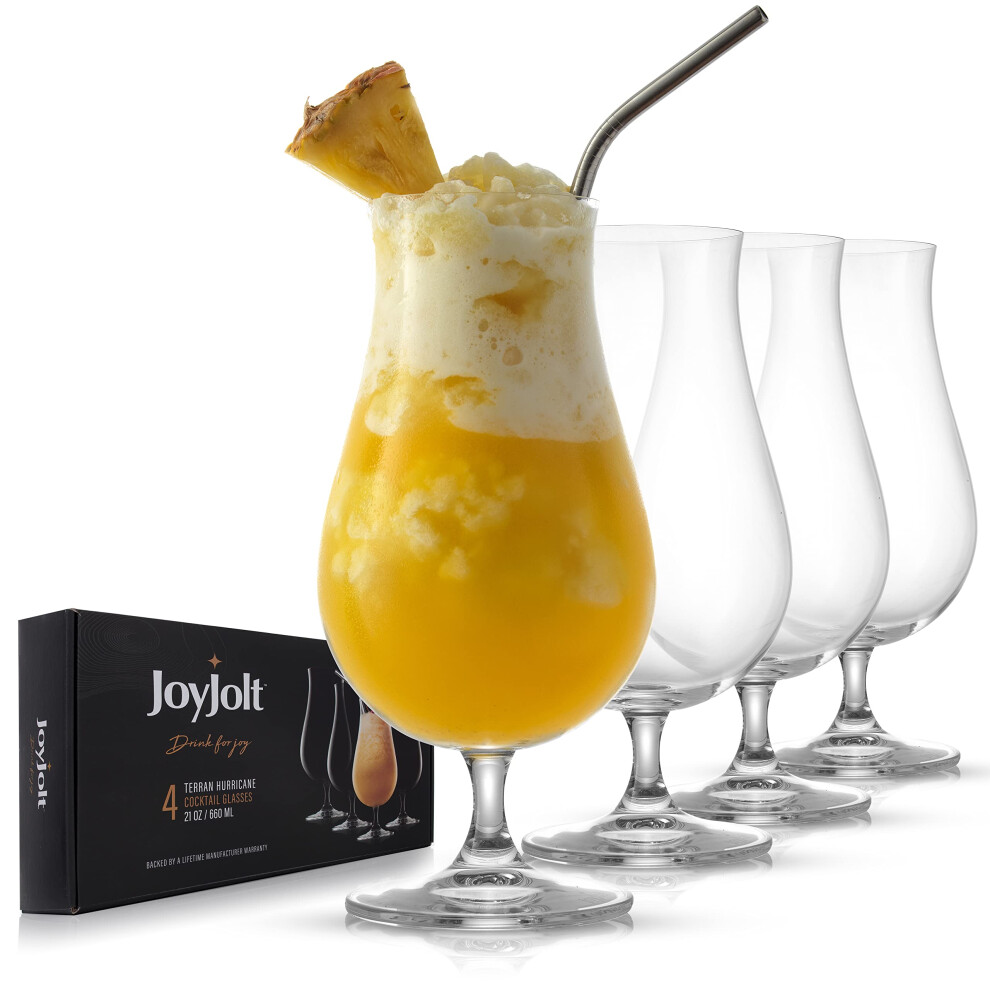 JoyJolt Terran Pina Colada Glasses - Premium Hurricane Cocktail Glasses Made in Europe - 21-Ounce l Crystal Drinking Set - Set of 4 Hurricane Gla