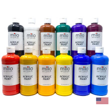 milo Acrylic Paint Set of 12 Colors | 16 oz Bottles | Student Primary Colors Acrylics Painting Pack | Made in the USA | Non-Toxic Art & Craft Paints