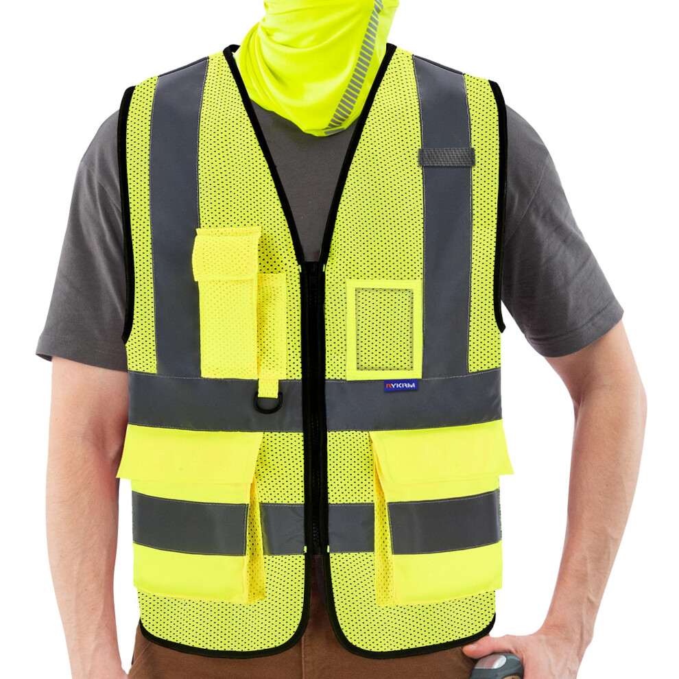 A-Safety High Visibility Mesh Safety Reflective Vest With Pockets And Zipper Hi Vis Viz Reflective Safety Vest(Yellow Mesh 4XL-5Xl) 6093201152634