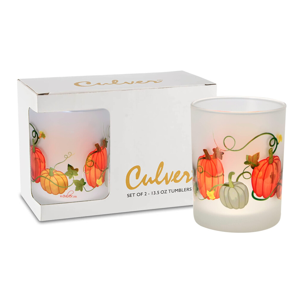 Culver Holiday Decorated Frosted Double Old Fashioned Tumbler Glasses 13.5-Ounce Gift Boxed Set of 2 Harvest Pumpkins