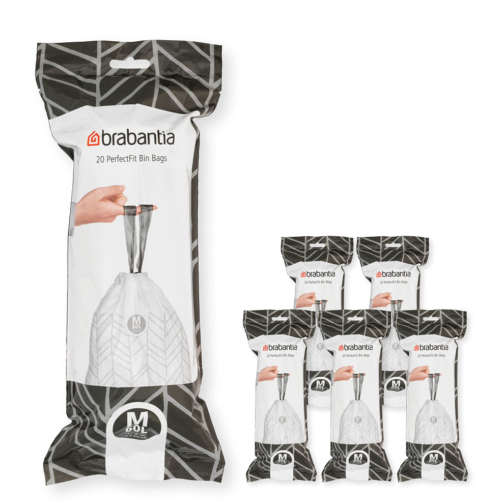 Brabantia PerfectFit Trash Bags Size M/16 Gal Thick Plastic Trash Can Liners with Drawstring Handles 120 Bags