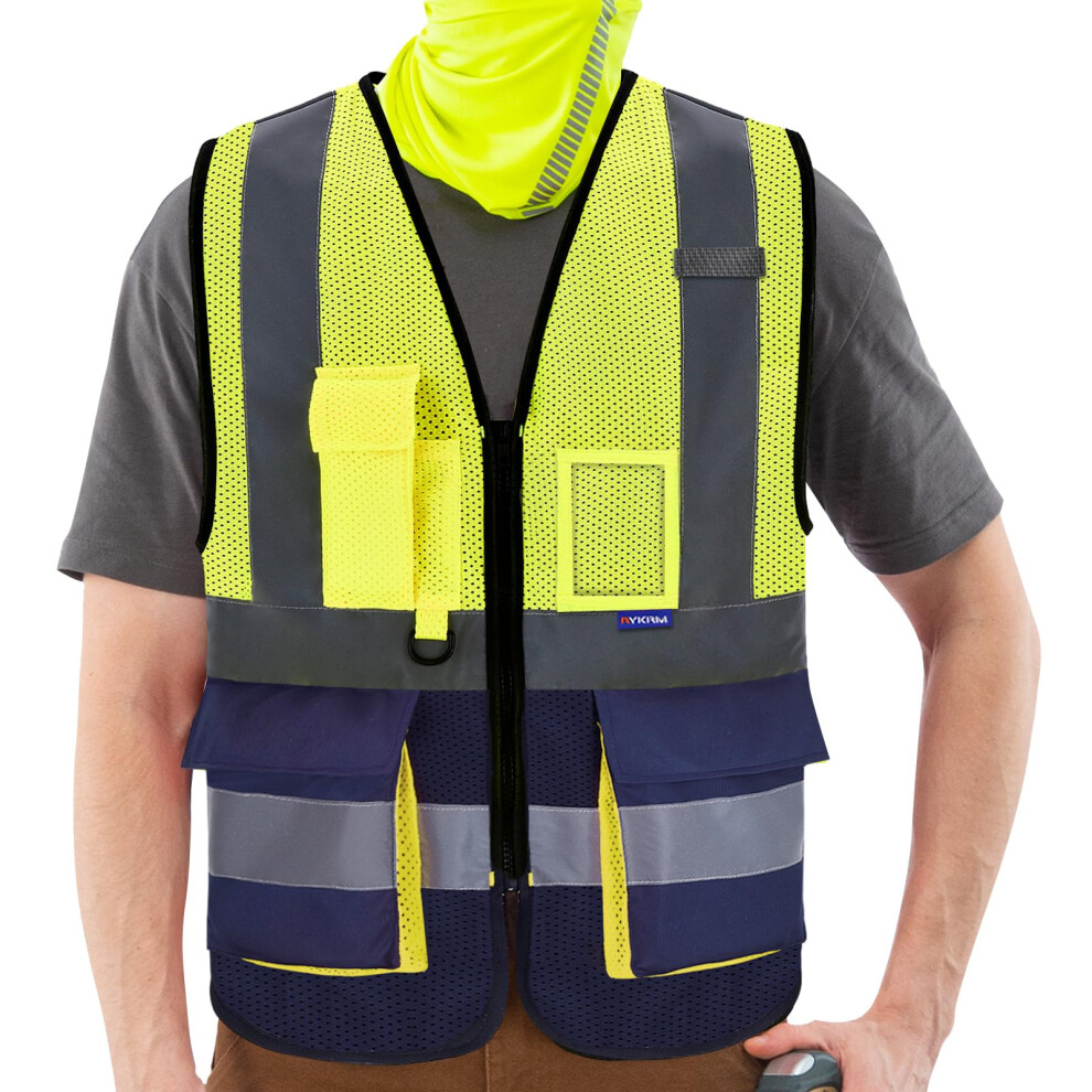 A-SAFETY High Visibility Mesh Safety Reflective Vest with Pockets and Zipper Hi Vis Viz Reflective Safety VestYellow&Navy Mesh L-image-OPC-PGDY8VR-NEW