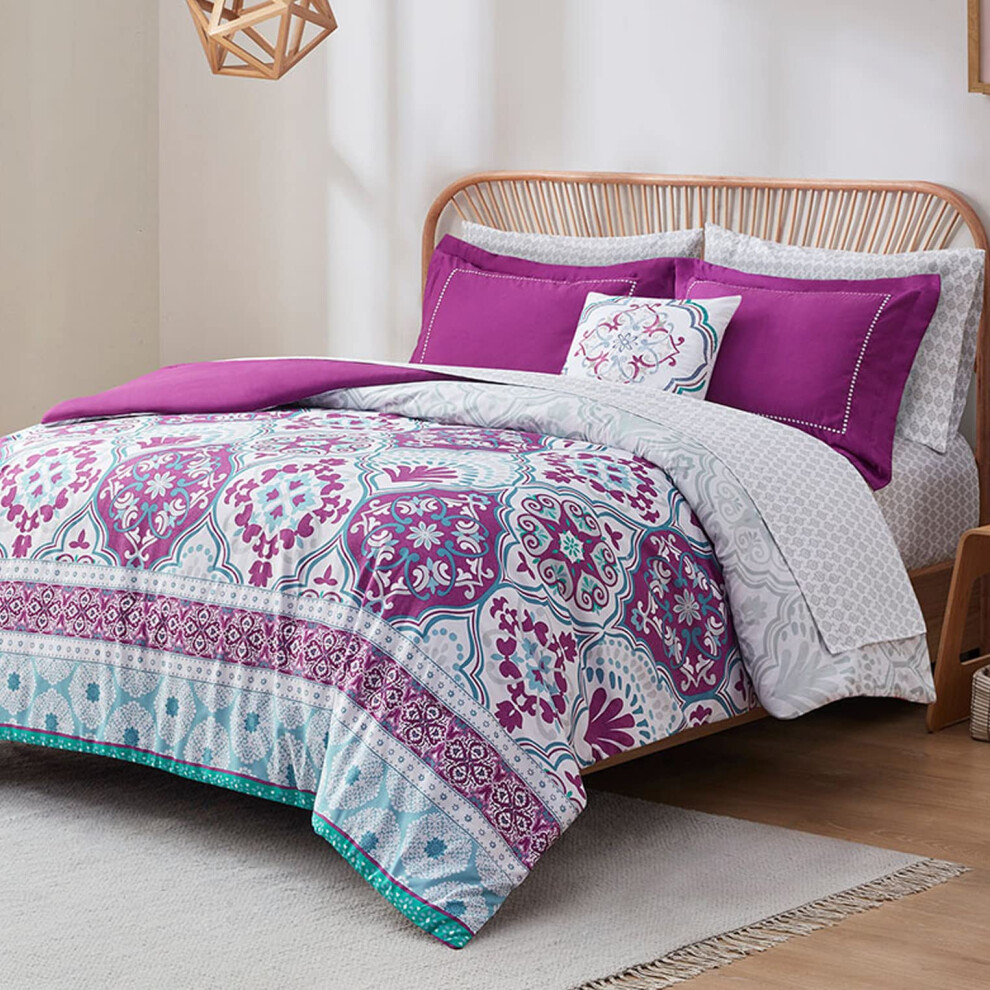 Parure de lit Queen Size Boho avec housse de couette violette Degrees of Comfort, draps, housse de couette boh   me en microfibre avec poches lat   r