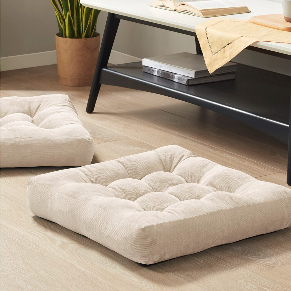 Lot de 2 coussins de sol carr   s pour m   ditation, coussins de sol en velours c   tel    touffet    pour balcon, ext   rieur, salon, beige