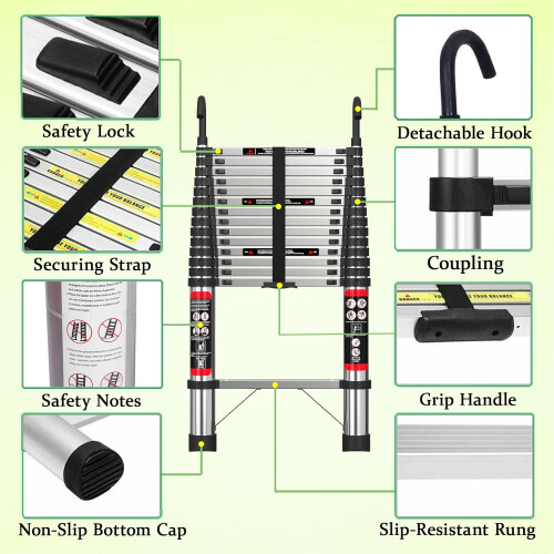 Multi-Purpose Folding with Detachable Hooks, Stainless Steel Ladders 14 Adjustable Steps, Extendable Resistant Foldable Ladder, Max Load 150kg 2