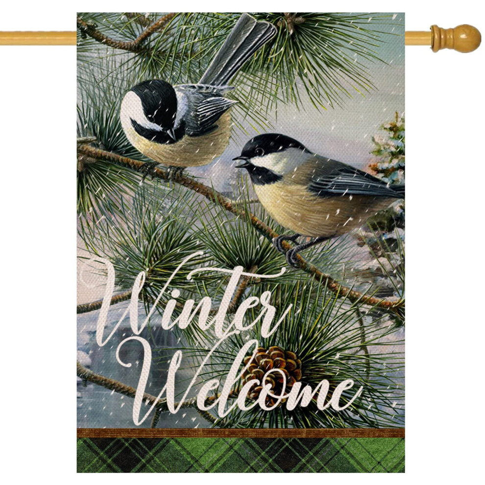 Bandiera Decorativa Per La Casa Covido, Con Scritta ""Winter Welcome Chickadee Birds House Flag"", Per Giardino, Cortile, Rami Di Albero, Pigna, Mo-image