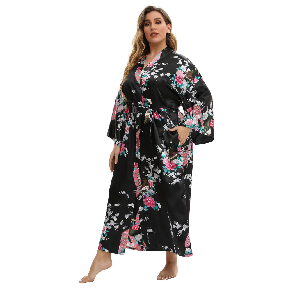 Feslieacc Robe longue en satin pour femme, grande taille, motif floral noir, en soie, taille 2XL/3XL