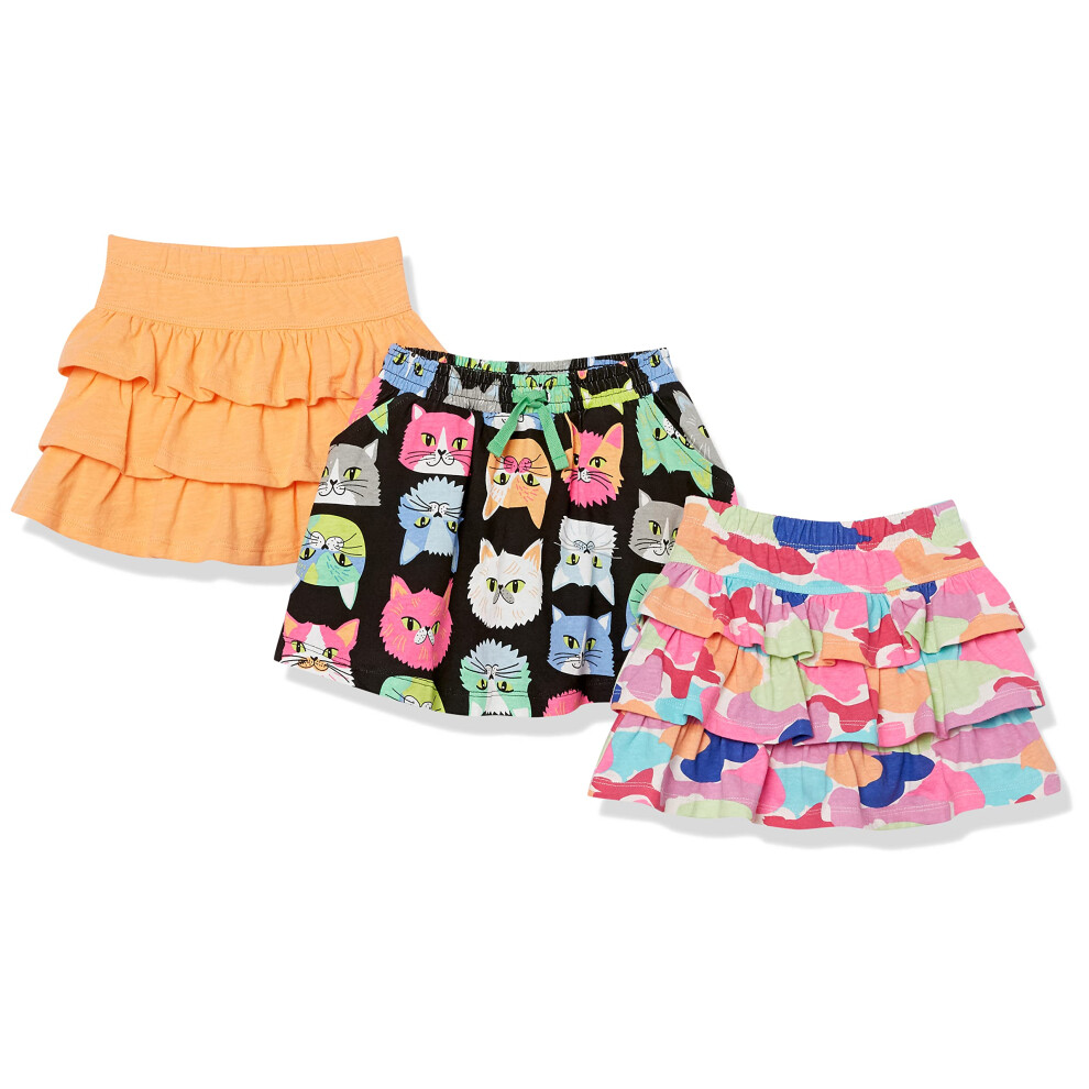 Amazon Essentials Girls' Knit Ruffle Scooter Skirts Previously Spotted Zebra  Pack of 3  Black Cat/Light Orange/Pink Rainbow Print  X-Large