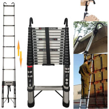 5M Telescopic Stainless Steel Ladder-16.5FT Extendable Portable with Detachable Hooks EN131 Standard for Roofing Business Household Use Indoor Outdoor