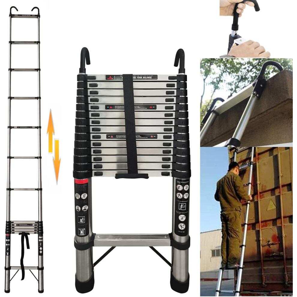 5M Telescopic Stainless Steel Ladder-16.5FT Extendable Portable with Detachable Hooks EN131 Standard for Roofing Business Household Use Indoor Outdoor
