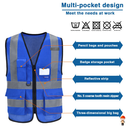 A-SAFETY XSmall Μπλε Ασφαλείας Γιλέκο, Ανακλαστικό, 7 Τσέπες, X-Small 2