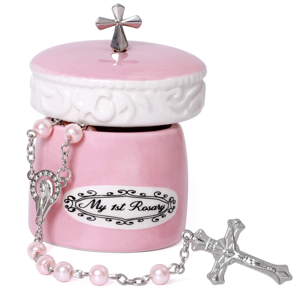 My First Rosary Cross for Girl Pink Keepsake Box and Pink Rosary Beads Gifting Set