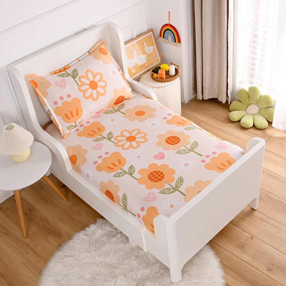 KWLOVER Parure de lit douce avec drap-housse et taies d'oreiller, motif floral orange, pour enfants (multicolore, taille double)