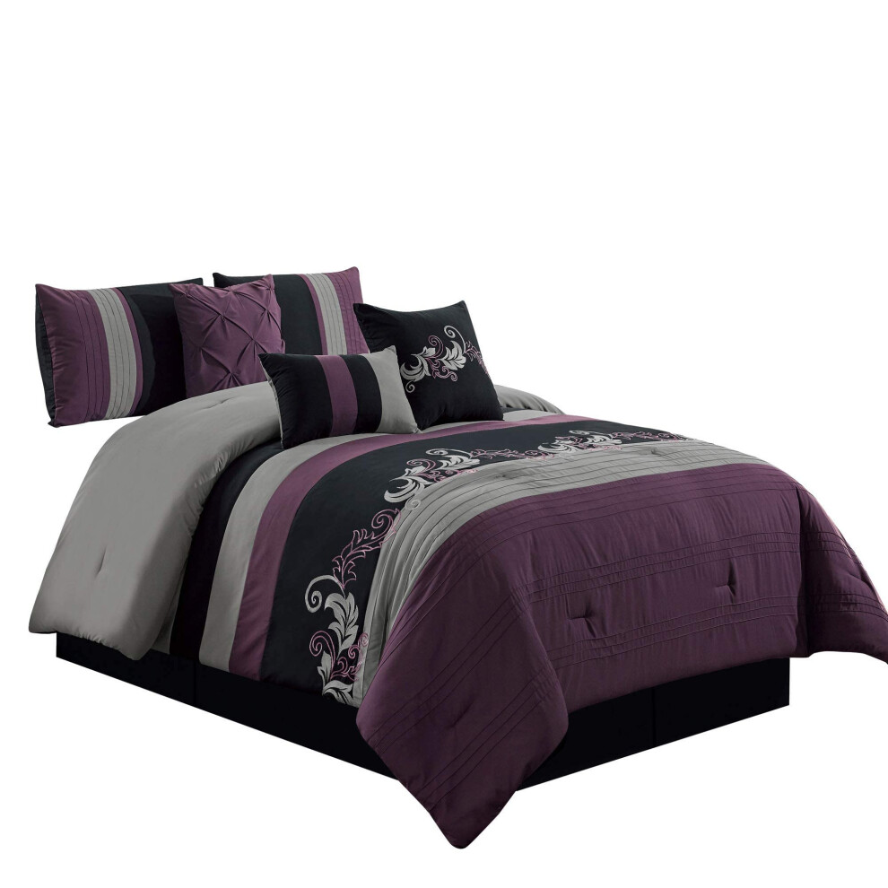 Parure de lit de luxe 7 pi   ces Napa avec broderies de feuilles Chezmoi Collection, taille King California, violet/noir/gris