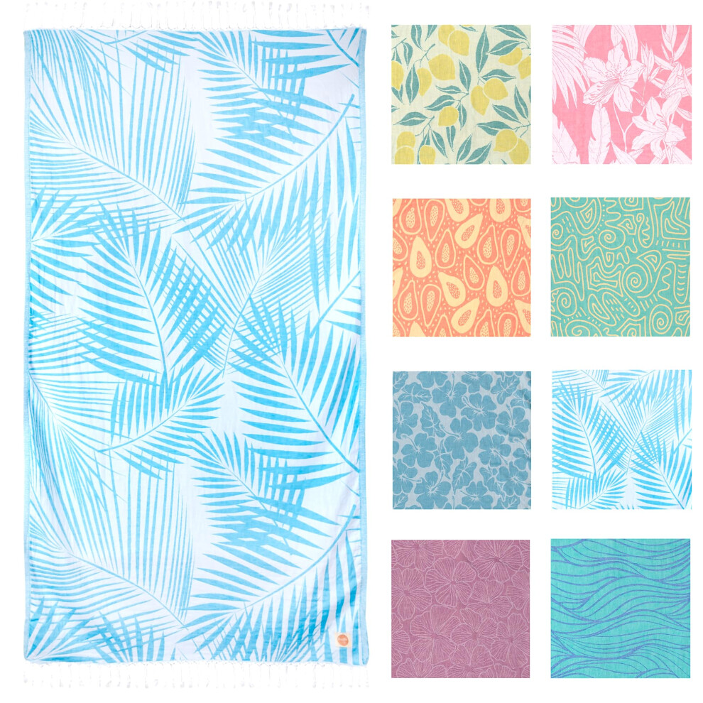 Serviette de plage turque tropicale bleue Nova (35 x 67) - Serviette de plage extra large     motif de feuilles 100 % coton - Serviette de plage de