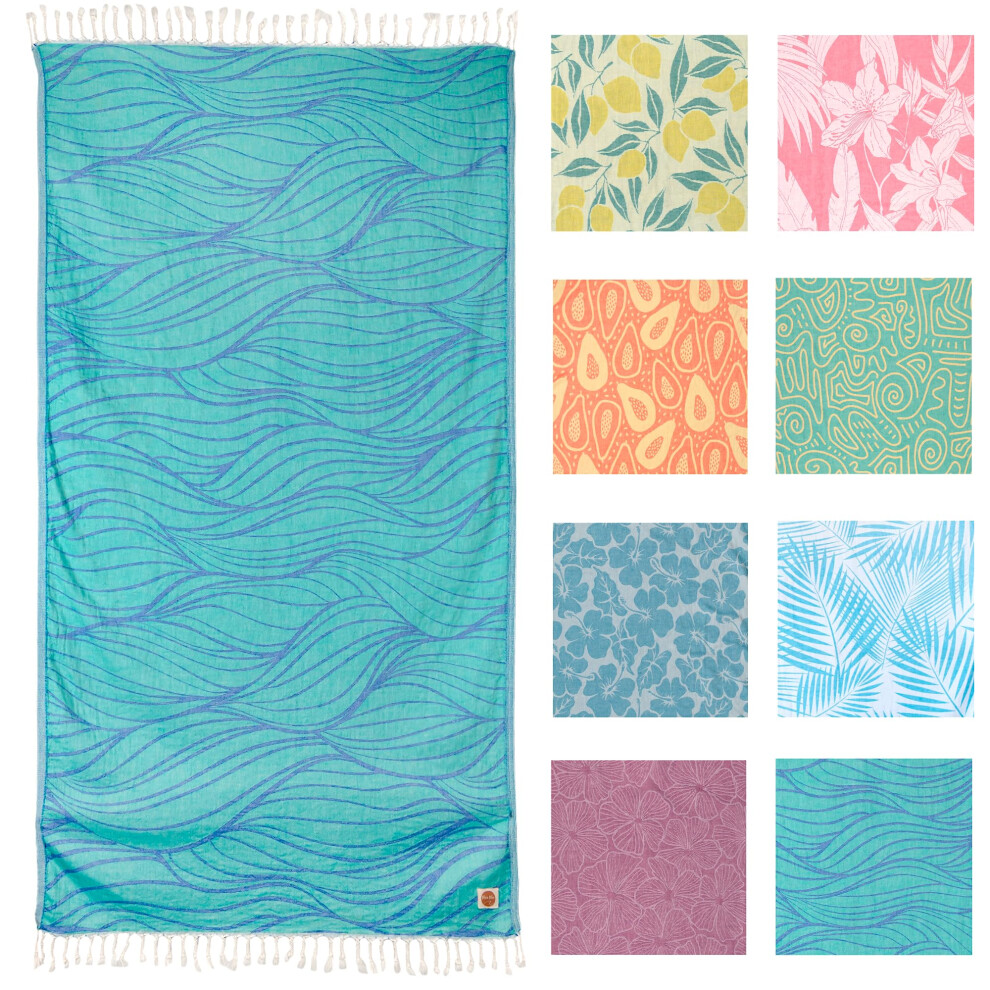 Serviette de plage turque tropicale bleue Nova (35 x 67) - Serviette de plage extra large     motif ondul    100 % coton - Serviette de plage de voya