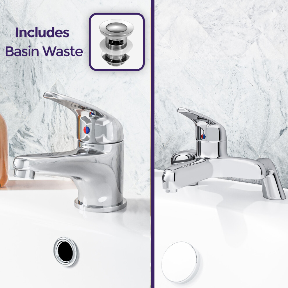 Dame Bathroom Basin Mono Mixer Tap, Bath Filler Tap & Waste Chrome