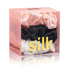Silke Scrunchies til h?r 100% Mulberry Silke H?rb?nd 3 pakke (Sort hvid Pink)