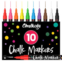 Chalkola Krijtstiften met extra fijne punt voor schoolbord (1 mm punt, 10 stuks) - Nat uitwisbare vloeibare krijtstiften voor autoruiten Bistro glaze