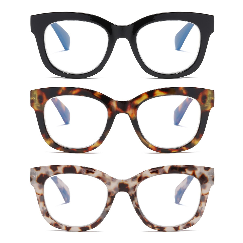 ZXYOO 3 Pack Oversized Blue Light Blocking Reading glasses for Women Retro Style Readers with Spring Hinge 125