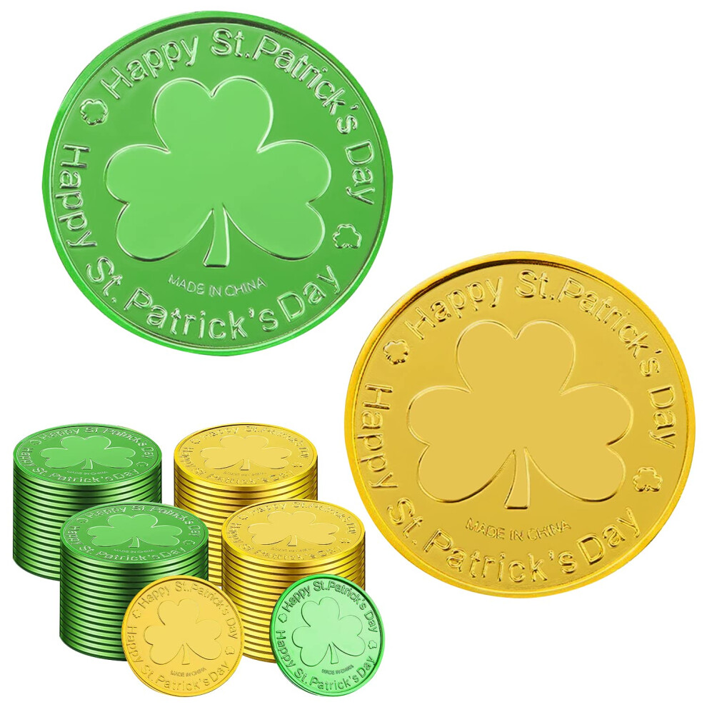 SpinLaLa St. Patrick's Day Gold Coins - 100 Pieces Gold Green Lucky Coins Plastic Shamrock Leprechaun Coins  3-Leaf Clover Coin for Party Decoration F-image-OPC-PFM2CDQ-NEW
