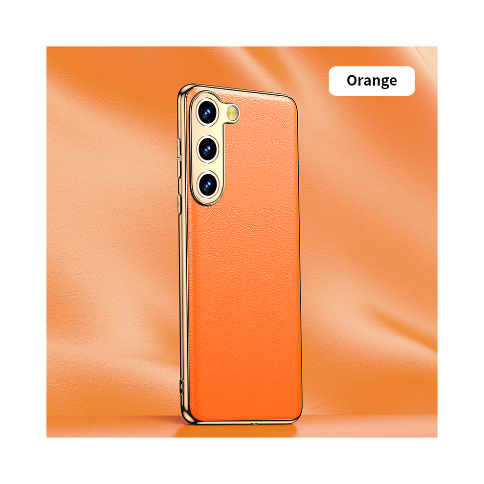 ( (2), For Galaxy S21 Ultra) Genuine Cowhide Leather Phone Case For Samsung Gal Orange 931287628116